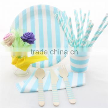 Baby Blue StripedTableware Set Wooden fork Spoon Knife, Disposable Party Paper Plates, Napkins, Drinking Cups and Straws