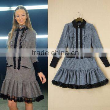 2015 Newest Fashion Casual Quality Sweet Style Long Sleeve Turn-Down Collar Ball Gown Winter Dress