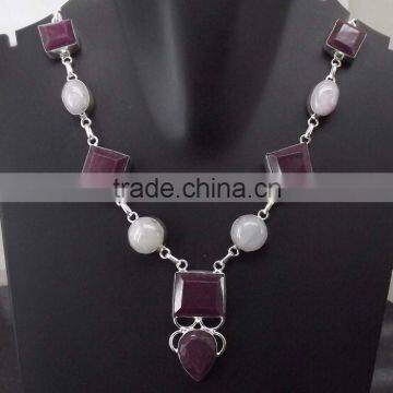 Ruby, Rainbow Moonstone Necklace plated 925 Sterling Silver 47 Gms 18-20 Inches