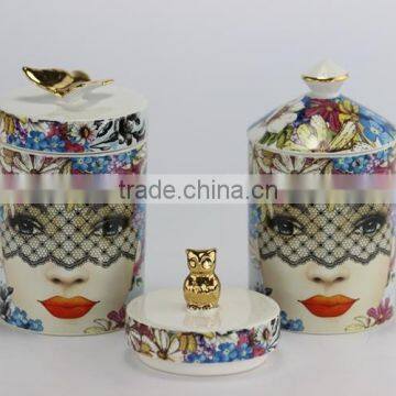 Luxury Soy Candle in Ceramic Jar with Different Design Decals & Lids