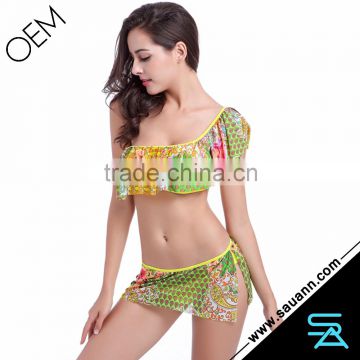 Fashional Super Elastic Crumpled Padded Floral Printed Beach Outfit Bikini Set