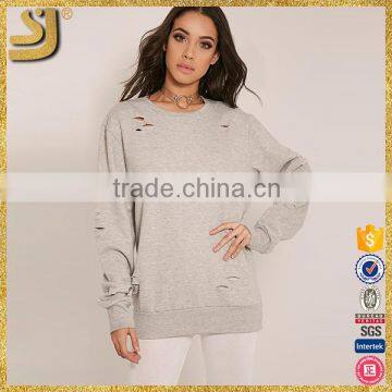 American style hoodies, Grey Ripped Oversized Sweatshirt, high quality cotton hoodies for women