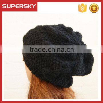 V-22 Chunky Knit Cable Baggy Beanie in Black Slouchy Knit Pattern Plain Winter Hat photo-2