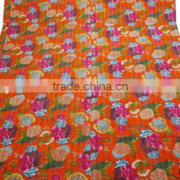 Floral Print Decorative Kantha Stitch Quilt Pure Cotton Reversible Bedspread Orange Gudri Queen Size Bedspread