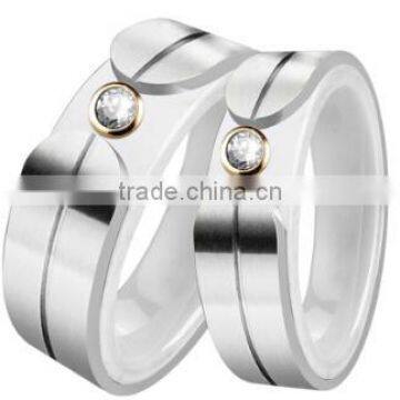 Elegant wedding ring stainless steel and white ceramic ring with one big stone for couples