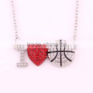 Silver Crystal Red Heart I Love You Basketball Ball Pendant Necklace Jewelry for Girlfriend