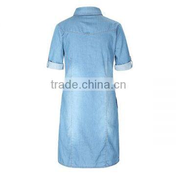 2016 Summer Fashion Ladies Snap Buttons Closure Denim Shirt Rolled Half Sleeve Slim Fit Casual Shirts For Women photo-3