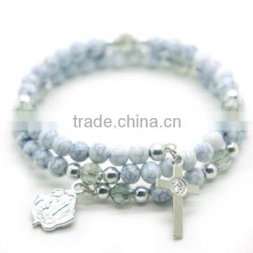 6mm arcylic beads steel wire bracelet with cross and alloy rose,5mm silver plastic beads ,high quality catholic bracelet