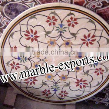 Round Marble Coffee Inlay Table Top, Antique Marble Inlay Table Top