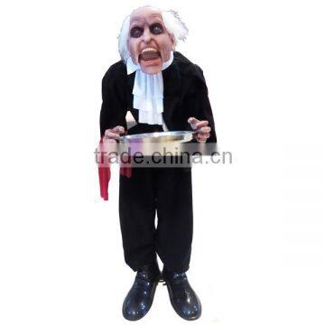 HALLOWEEN DECORATION STANDING BOBBLE HEAD BUTLER WITH RED LED EYES, SOUND