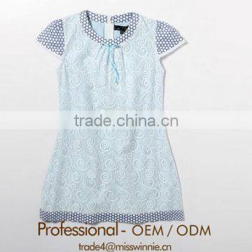 guangzhou wholesale girls blue lace dress with puff sleeve with white dots