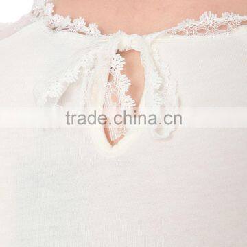 Wholesale Women Sexy Round Neck Short Sleeves Sheer Polka Dot Sleeves and Yoke Straight Hem Cotton Blend T-shirt(DQE0150T) photo-4