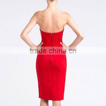 New Fashion 2015 Red Small Bowknot Strapless Knee Length Bandage Dress Celebrity Elegant Dresses photo-3