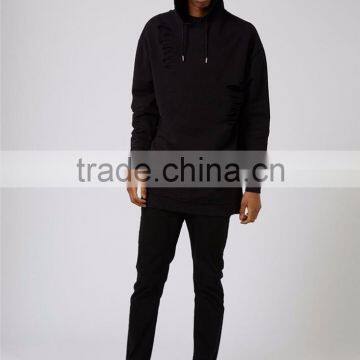 Plain Black Extreme Ripped Oversized Longline Distressed Hoodie Split Side Drawstrings Blank Sweatshirt Men photo-3