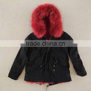 Myfur Navy Cotton Custom Parka Coat for Women With Red Real Fox Fur Lining photo-6