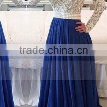2016 Scoop Prom Dresses A Line Chiffon With Applique Sweep Train Dark Royal Blue photo-3