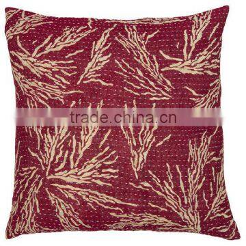 Kantha Cushion Cover - Raspberry red with beige - Medium - 45cm x 45cm