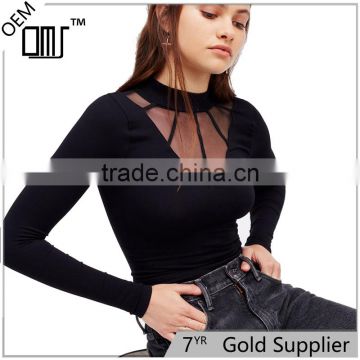 2017 OEM Super Stretchy Cool Sheer Cage Mock Neck Blouse Shopping