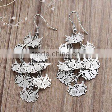 New Fashion Copper Filigree Stamping Earrings Ear Wire Hooks Halloween Owl Silver Tone Hollow 70mm