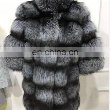 Russia Style Natural silver fox fur coat 80cm length women winter coats fur jacket