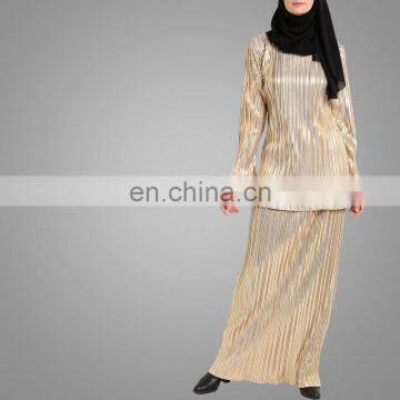 Designer Light Gold Baju Kurung Fashion Pleats Material Women Suits Malaysia Style Dress photo-3