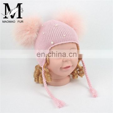 Pink Color Winter Funny Baby Kids Crochet Hat With Large Fur Balls