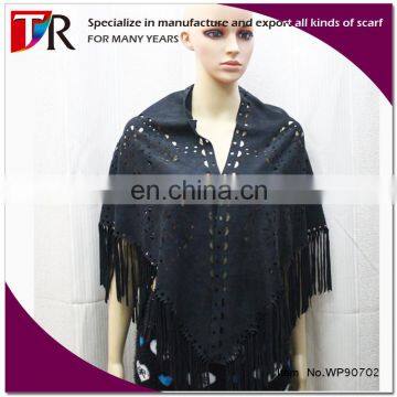 2015 best selling ladies black laser cut out effect suede leather shawl with tassel