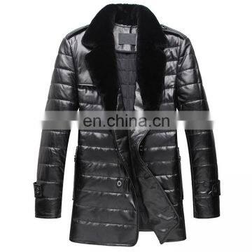 Real Mens Lamb Leather Down Jacket Rabbit Ovo Collar Double-breasted Long Coat
