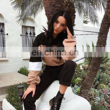 Custom Logo Print Embroidery Vendor With Long Sleeve Pullover Women Stripe Panels Crew Neck Sweatshirt Crop Top photo-2