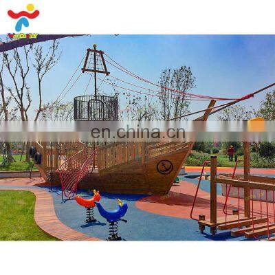 Outdoor Playground Pirate Ship Theme Amusement Park Wooden Corsairs Game Rides Equipment with Climbing Rope Net Plastic Slide