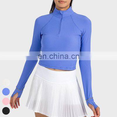 Women Breathable Clothing Running Wear Custom Sports Shirts Gym Fitness Top Long Sleeve Ribbed Half Zip Yoga Shirt For Women