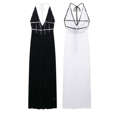 Ins European and American V-neck hanging neck backless knitted beach dress with hollow out sexy slim fit strap beach dress, long skirt for women