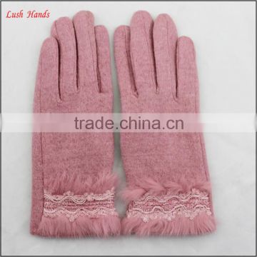 woolen hand gloves for women with rabbit fur polyester lining