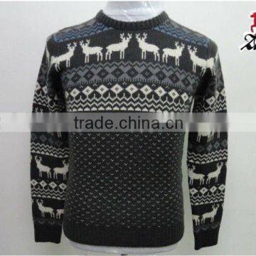 MEN FASHIONABLE CREW NECK PULLOVER CASHMERE KNITTING SPLICE DEER PATTERN FASHION BLACK SWEATER