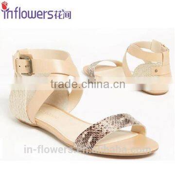 Ankle strap glitter material wholesale ladies flat sandal shoes