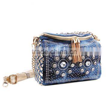 (CC42-077-2) 2016 Fashion Denim Tote Mini Bag / shoulder bag ,Diamond denim handbags wholesale