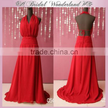 Sexy long red open back chiffon evening dress