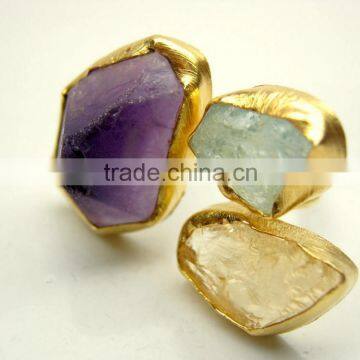 Amethyst, Aquamarine & Citrine Raw Natural Gemstones Ring, Matt Finish Adjustable Rings, 925 Solid Sterling Silver Vermeil Rings