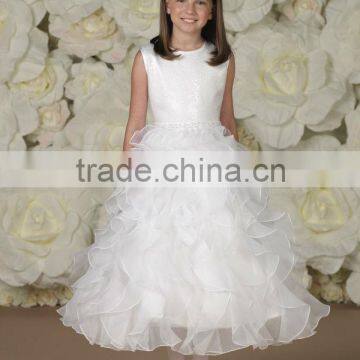 Sleeveless Organza Satin Hand-Beaded Waistband Flower Girl Dresses Ruffle Skirt(FLMO-3047)