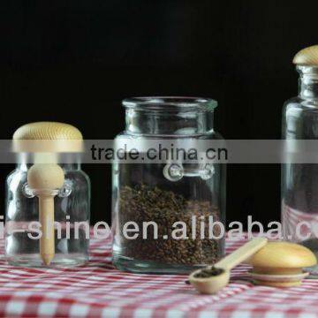 Round Glass Bottle with Wooden Cock and Spoon / Glass Sauce Bottle Set