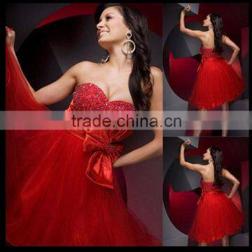 New Design Wholesale Custom Made Mini Sexy Red Tulle Sequined Dress With Bow Belt Cocktail Dress C0094