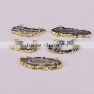 Natural Slice Agate Druzy Pendant, With Double Bails Gold Plated Edged Geode Quartz Gem Stone Pendant photo-4