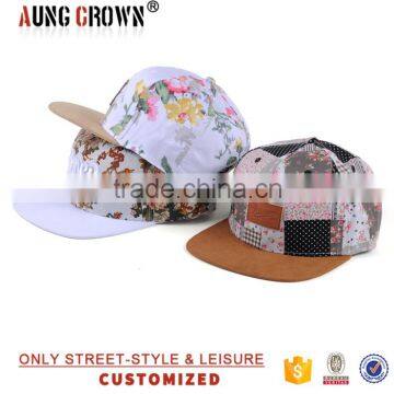 Flower Printing Fabric Leather Patch 6 Panels Snapback Caps photo-2