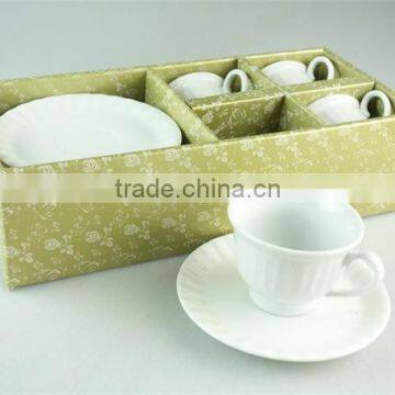 White stock lot for sale ceramic tea / coffee cup & saucer with color box 12 pieces set