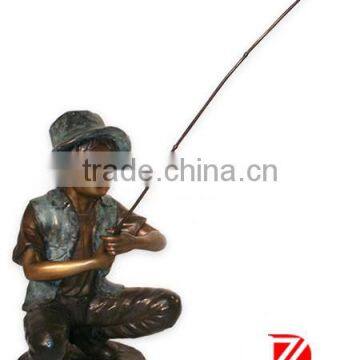 garden bronze boys fishing statue with a hat for decoration