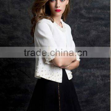 2014 New Fashion White Pearl Line Beaded Lace Mid Sleeve Elegant Jacket