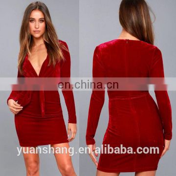 2017 Red Long Sleeve Velvet Knotted Sexy Bodycon Dress For Women