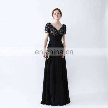 Free Shipping Black V-neck Floor Length Short Sleeve Zipper Backless Chiffon Sequins Beaded Women Prom Dress