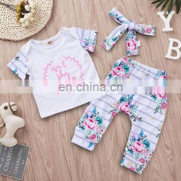 2019 Summer "isn't she lovely" letter print girls cotton tshirt & kids floral striped pp pants & headband 3pc set