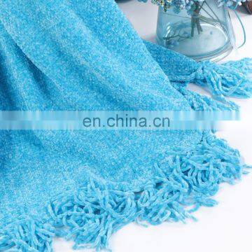 Super Soft Touch Blue Chenille Blanket Throw with Fringe for Home Bed Sofa Couch Chair